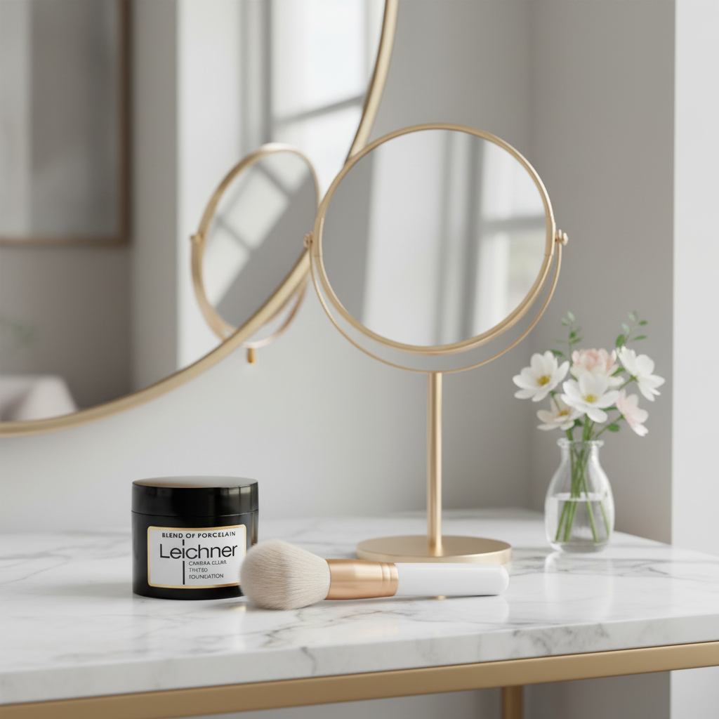 Leichner Camera Clear Foundation Porcelain on marble vanity dressing table with natural window light