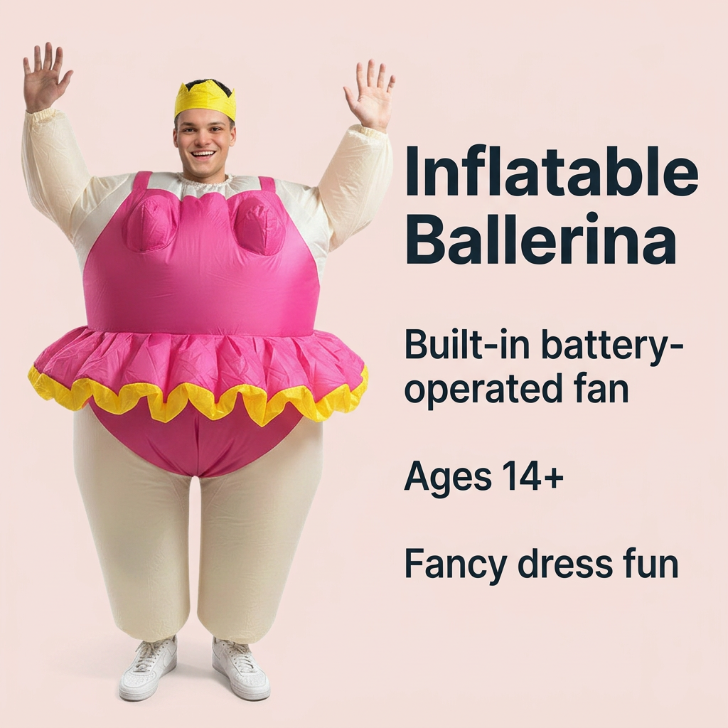 Inflatable ballerina costume features graphic showing built-in fan and ages 14+.