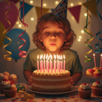 Child blowing out lit pink birthday candles on a decorated cake at a colourful party