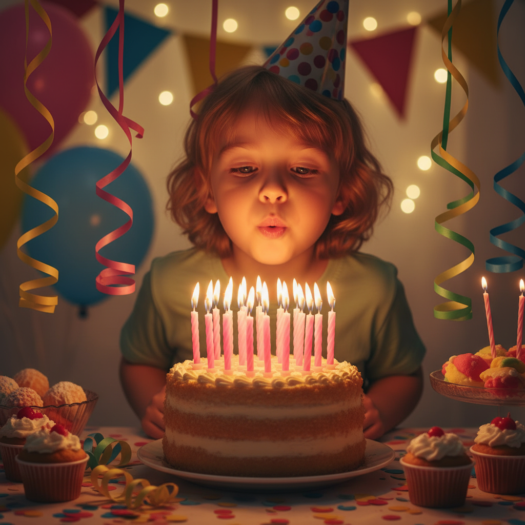 Child blowing out lit pink birthday candles on a decorated cake at a colourful party