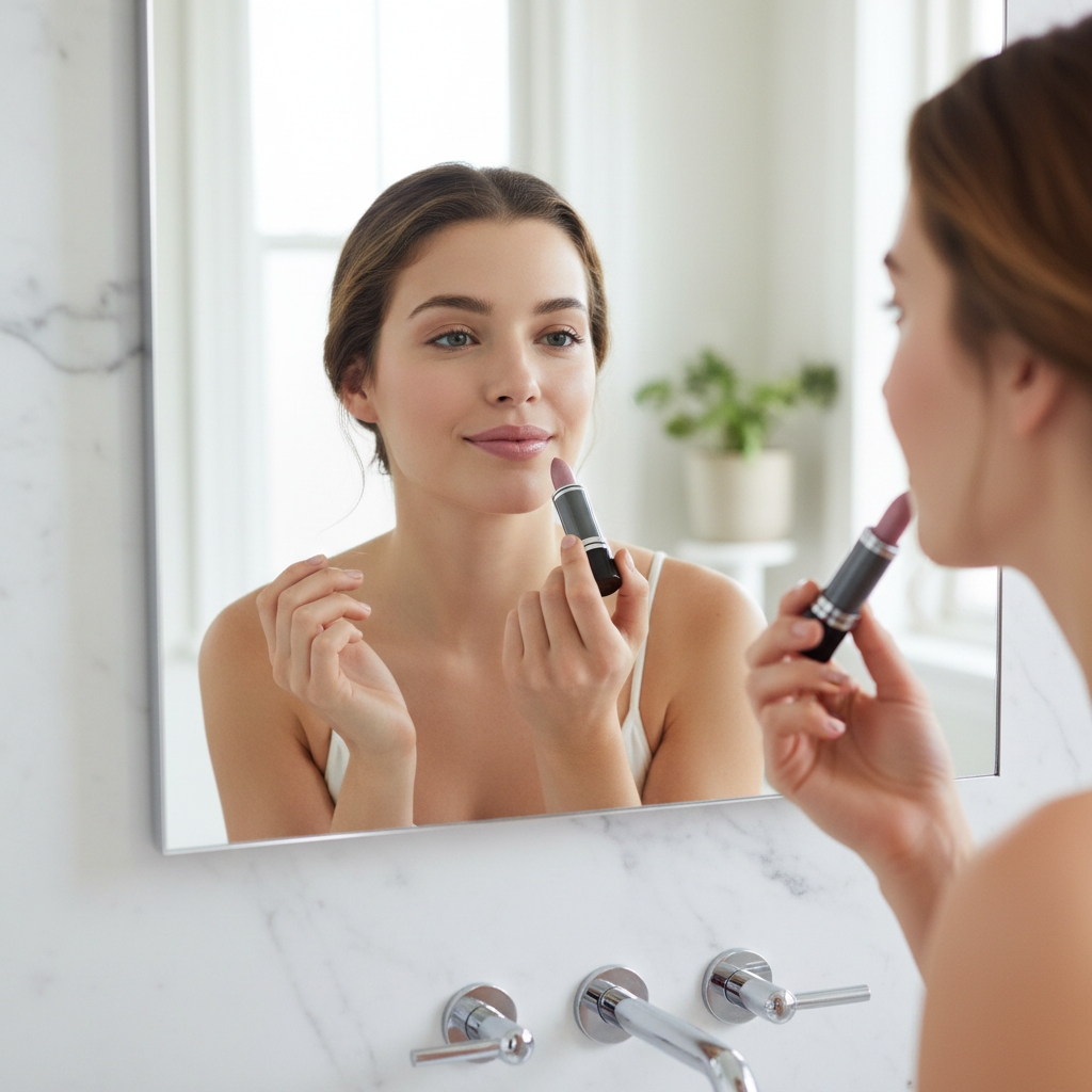 Young woman applying Laval Lipstick Tawny No 37 in a bright bathroom mirror, natural light