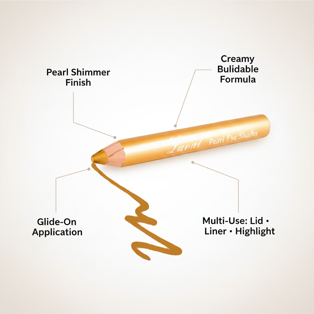 Laval Pearl Eye Shader Gold eyeshadow pencil feature infographic showing pearl shimmer finish, creamy buildable formula, glide-on application and multi-use benefits
