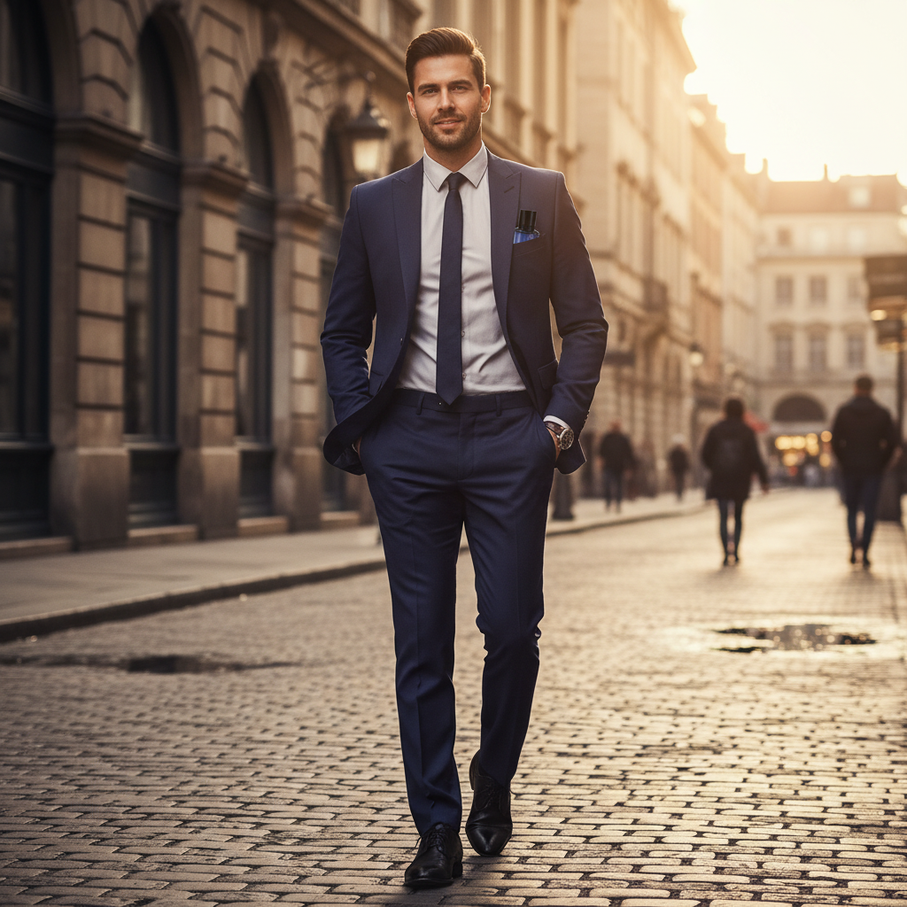 Confident man with Real Time Wild Action aftershave — golden hour aspirational fragrance lifestyle scene