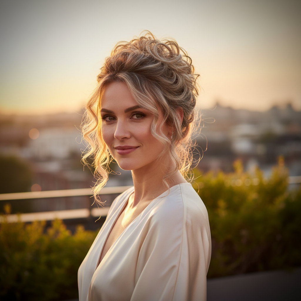 Confident woman with beautiful cool ash blonde curly updo hair bun shade 112 Ash Moon in golden hour light, aspirational lifestyle scene