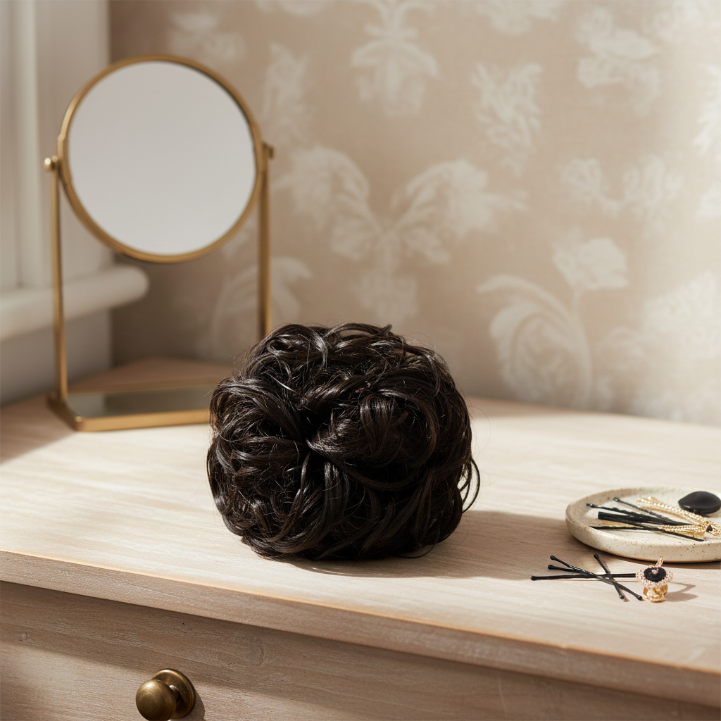 Dark brown curly messy hair bun on a dressing table vanity with natural window light, interior magazine styling