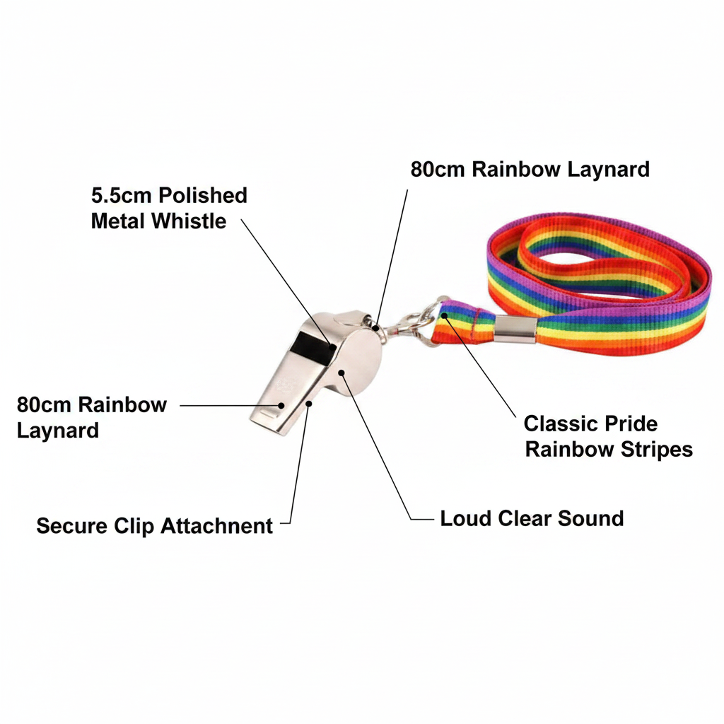 Gay Pride metal whistle feature infographic showing 5.5cm polished silver whistle with 80cm rainbow lanyard callout labels