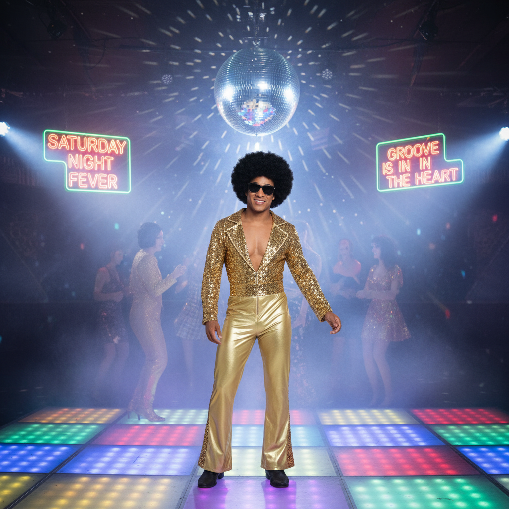 Man in gold disco costume striking a pose on a lit-up disco dance floor at night