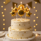 Lit gold metallic birthday candles glowing on finished celebration cake