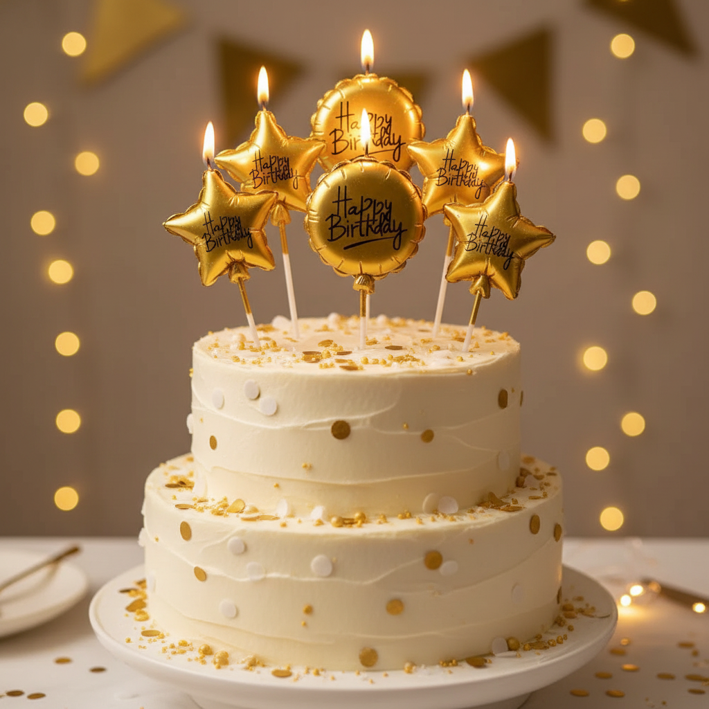 Lit gold metallic birthday candles glowing on finished celebration cake