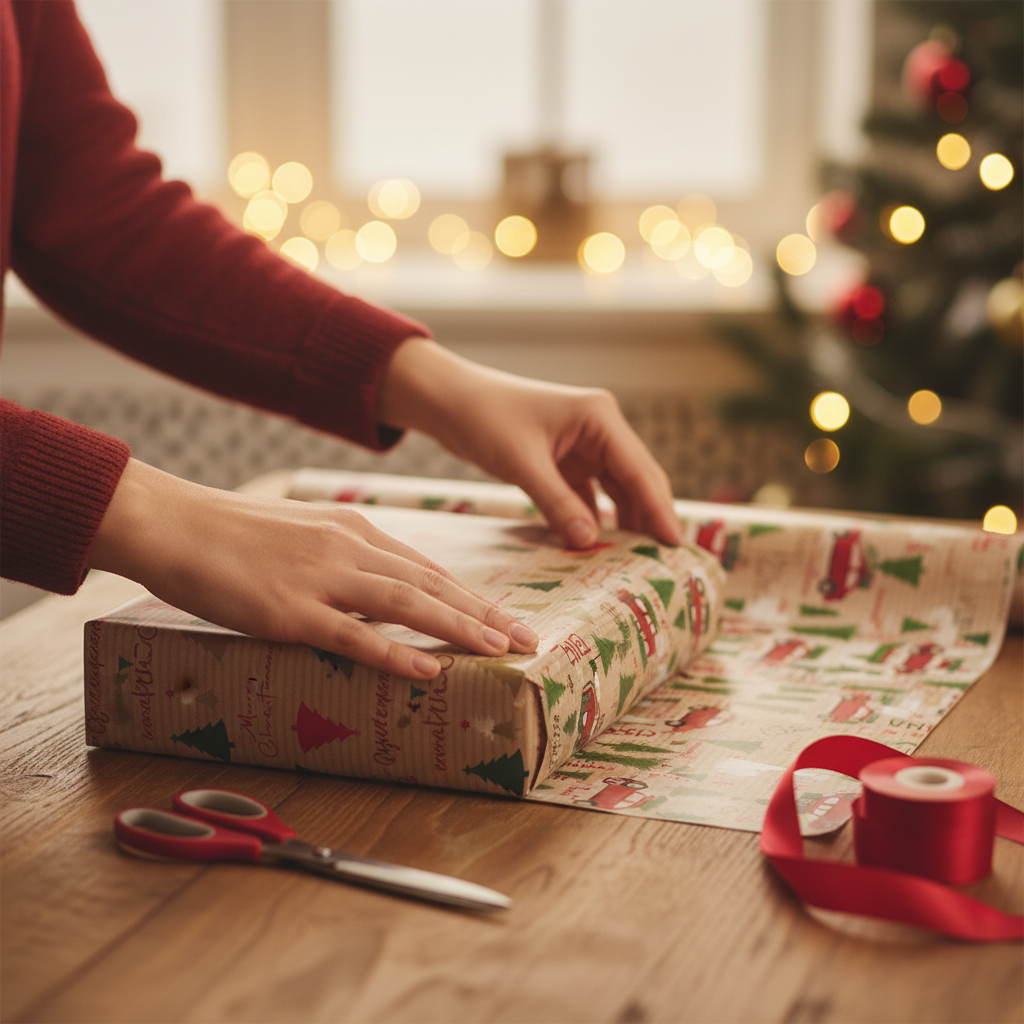 Hands wrapping a Christmas gift using North Pole traditional Christmas wrapping paper