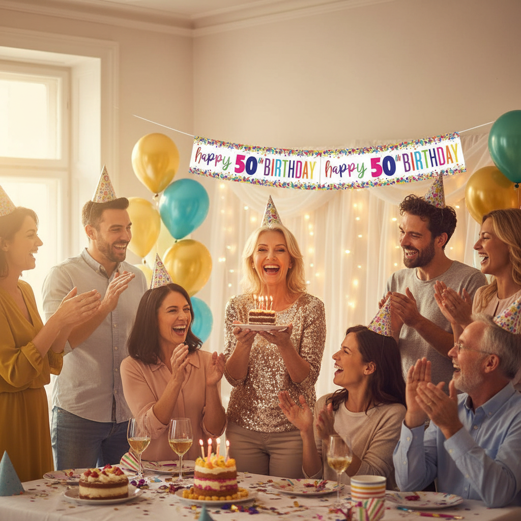 Joyful 50th birthday celebration with family and friends featuring colourful foil banner
