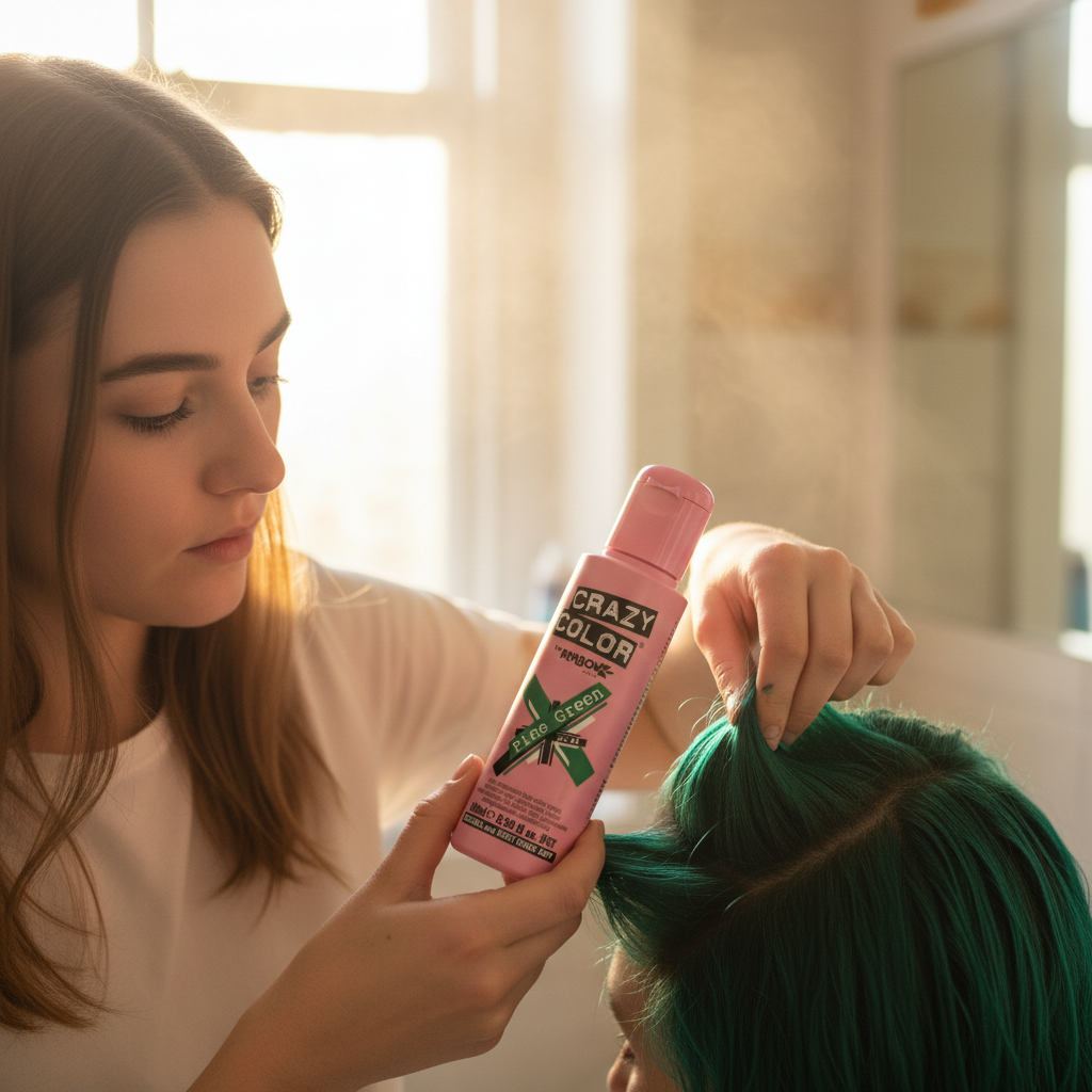 Woman applying Crazy Color Pine Green semi-permanent hair dye to her hair in a bright bathroom