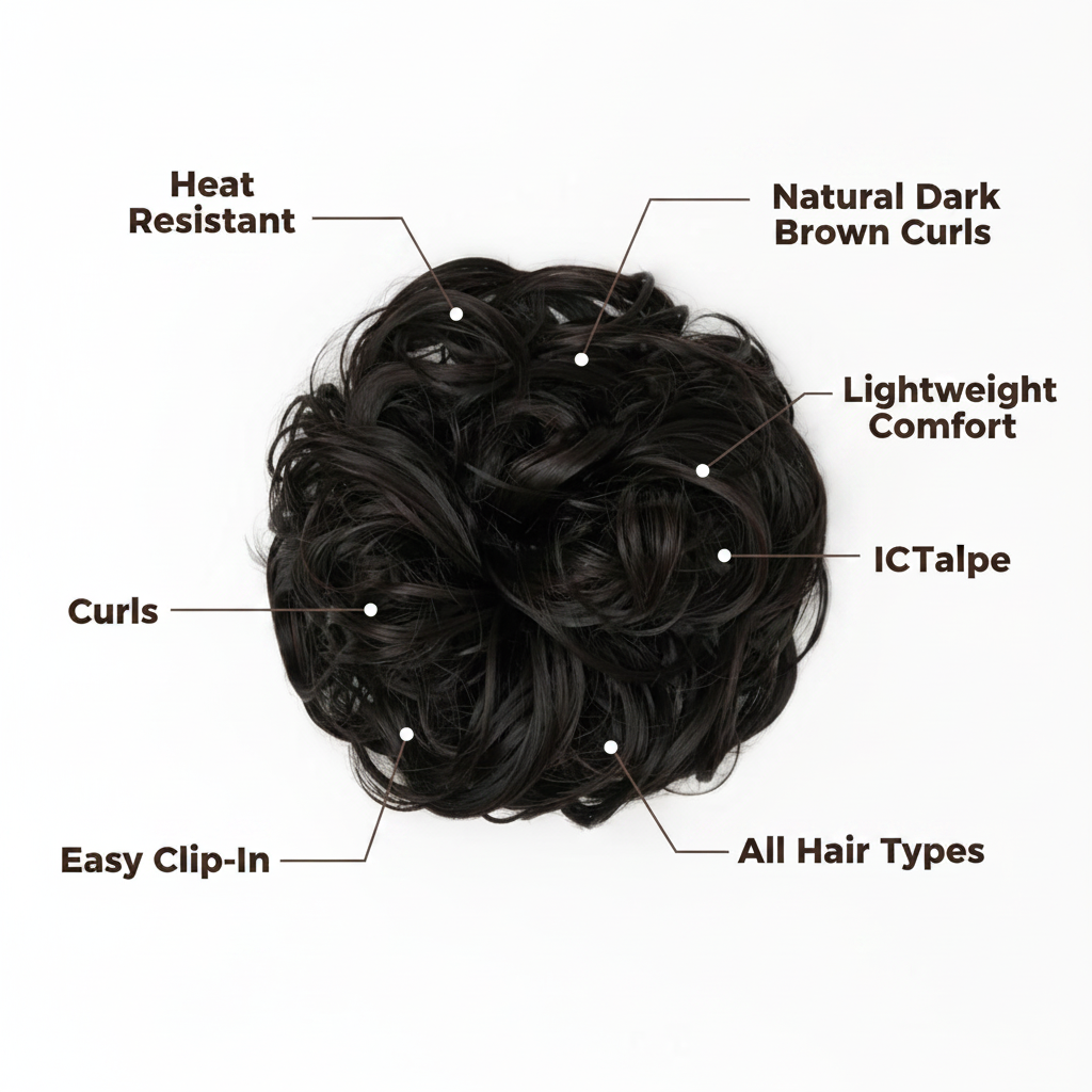 Premium feature infographic for dark brown curly messy hair bun 1B Queen of the Night showing key features: heat resistant, natural dark brown curls, lightweight, easy clip-in, all hair types