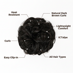 Premium feature infographic for dark brown curly messy hair bun 1B Queen of the Night showing key features: heat resistant, natural dark brown curls, lightweight, easy clip-in, all hair types