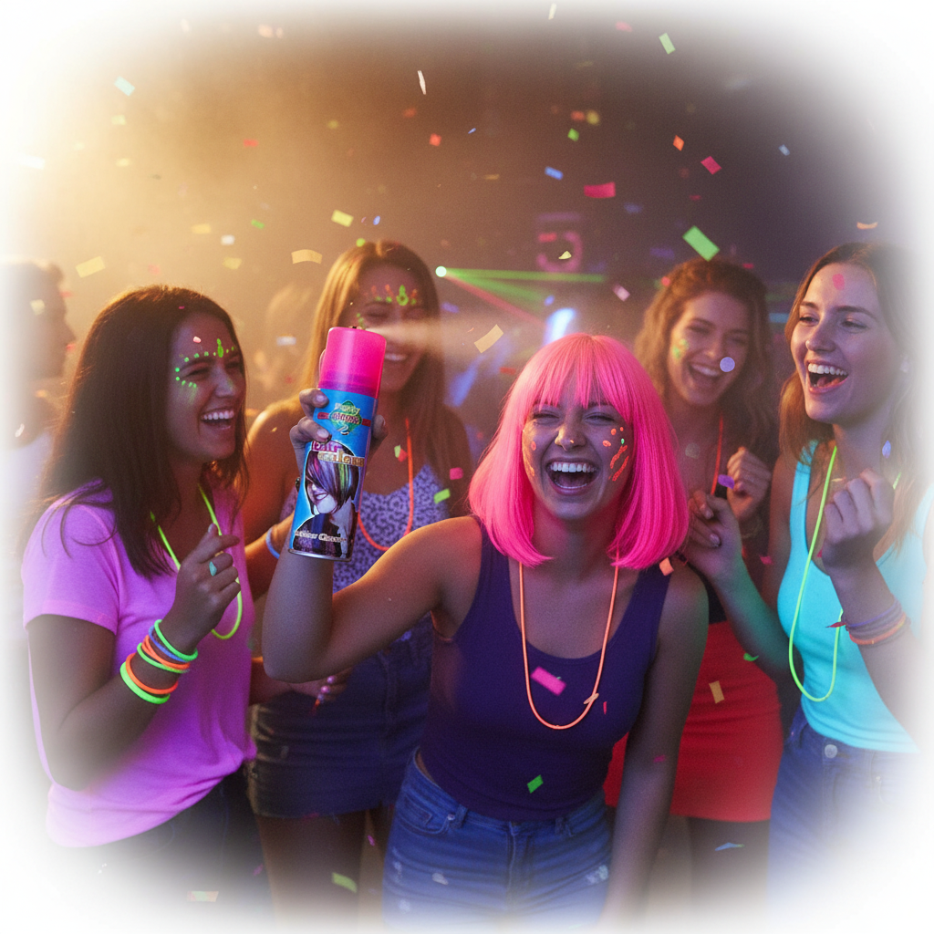 Young women at a UV neon rave party with fluorescent pink glowing hair using Party Success hair colour spray
