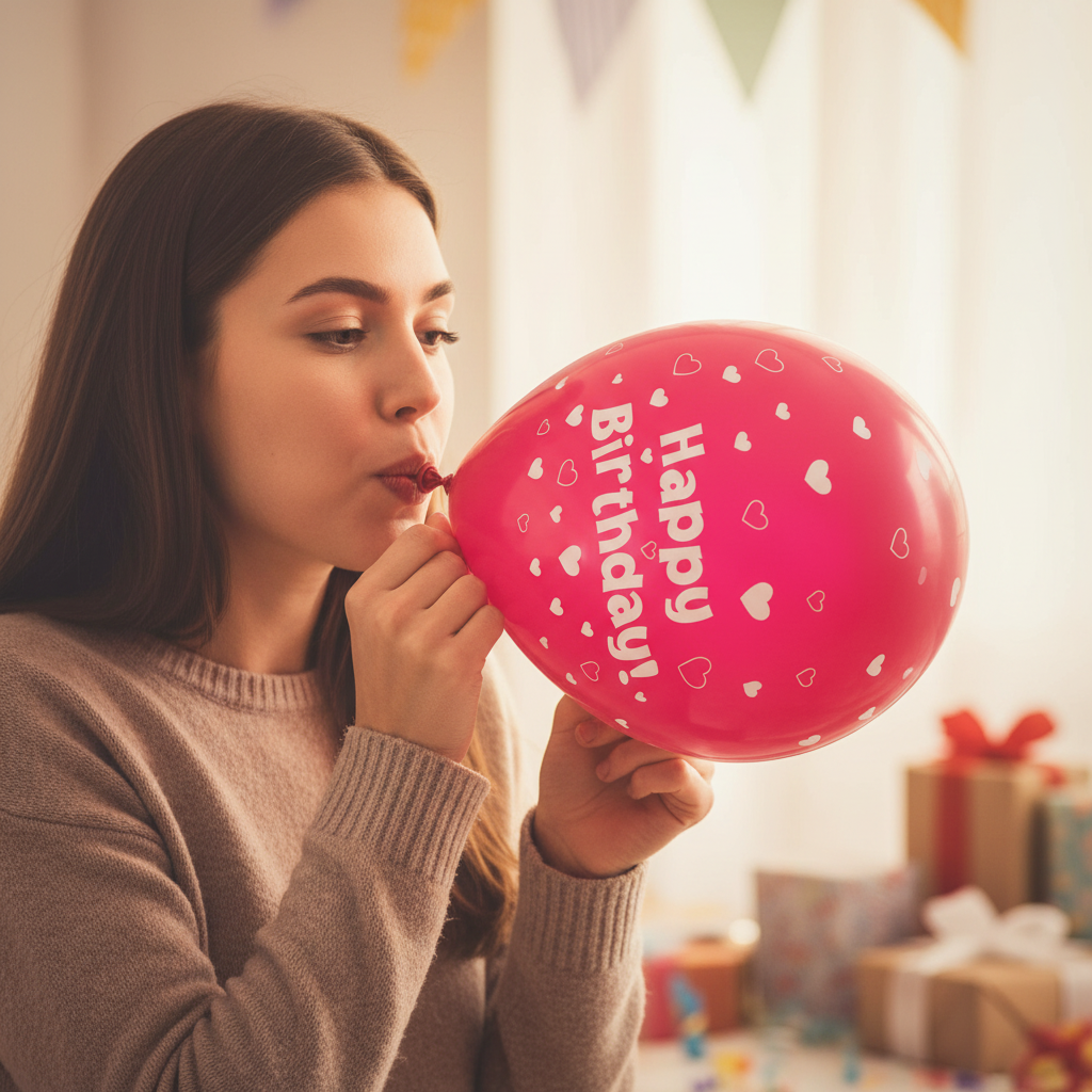 Person blowing up a fuchsia pink Happy Birthday heart latex balloon while preparing for a birthday party, candid lifestyle photography