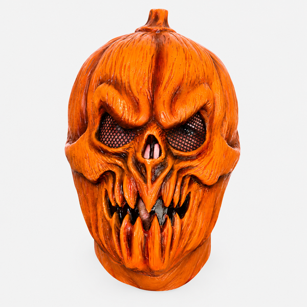 Orange killer pumpkin latex mask front view on a white background