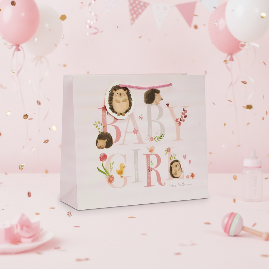 Large pink baby girl gift bag with adorable Hedge-Hugs Hetty hedgehog design, 26x14x33cm shopper bag