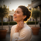 Confident woman with perfectly pinned brunette updo secured with dark brown hair grips, golden hour light, effortless beauty