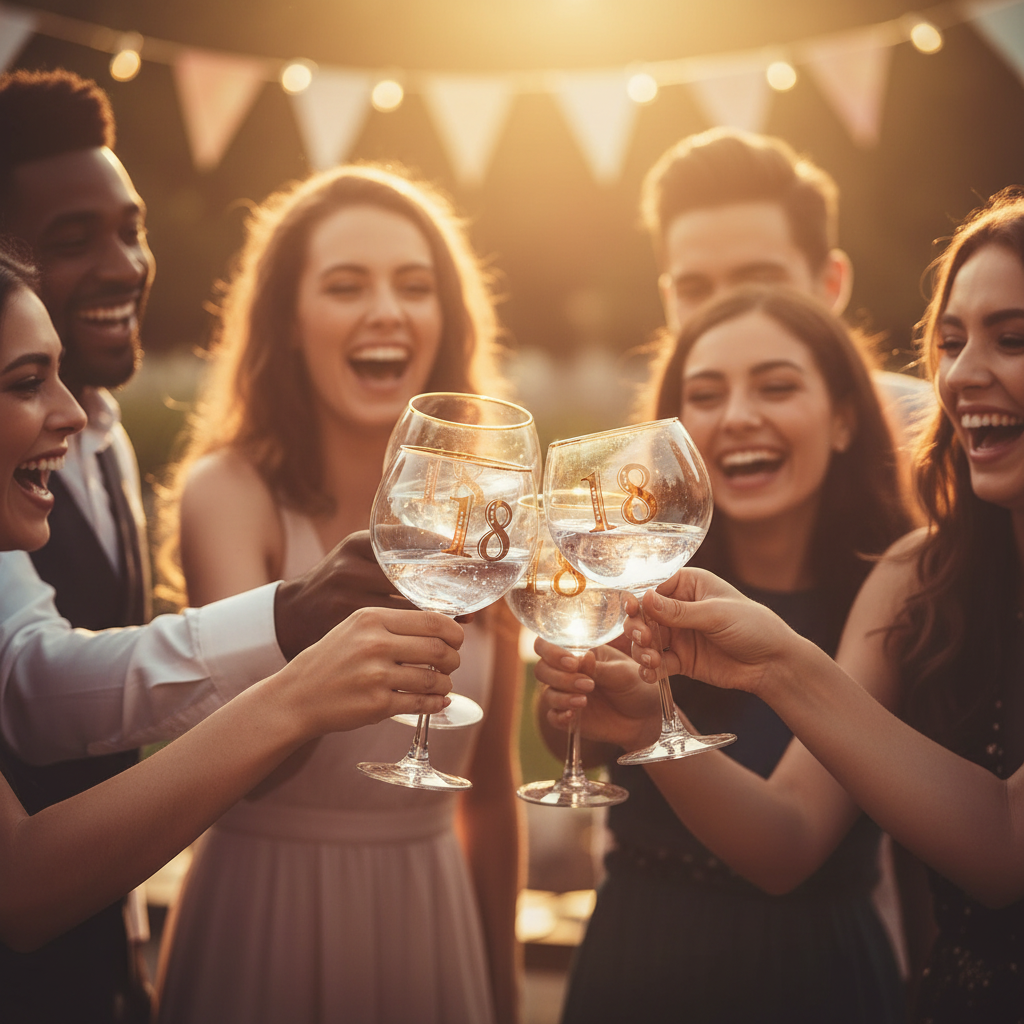 Friends clinking Art Deco 18th Birthday Gin Glasses in a birthday toast, golden hour light with fairy light bokeh