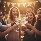 Friends clinking Art Deco 18th Birthday Gin Glasses in a birthday toast, golden hour light with fairy light bokeh