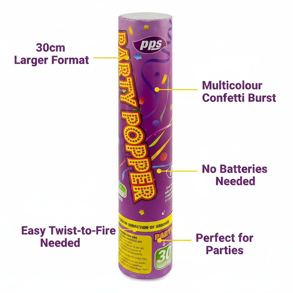 Feature callout infographic for 30cm colour confetti cannon party popper
