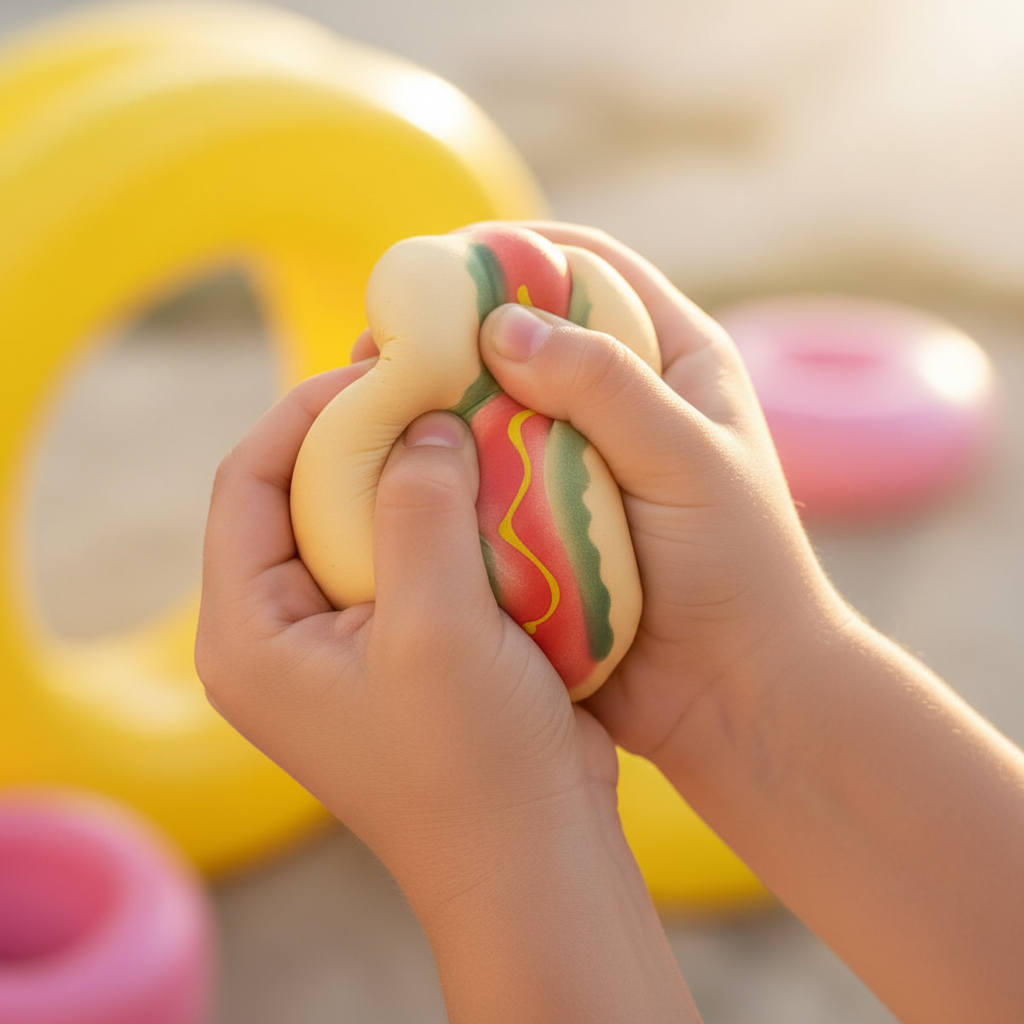Close-up of hand squeezing and deforming a Squishy Hotdog foam toy — satisfying slow-rise fidget