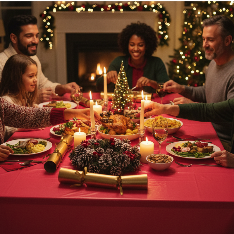 Festive Christmas holiday dining table covered with a ruby red plastic table cover with gold decorations