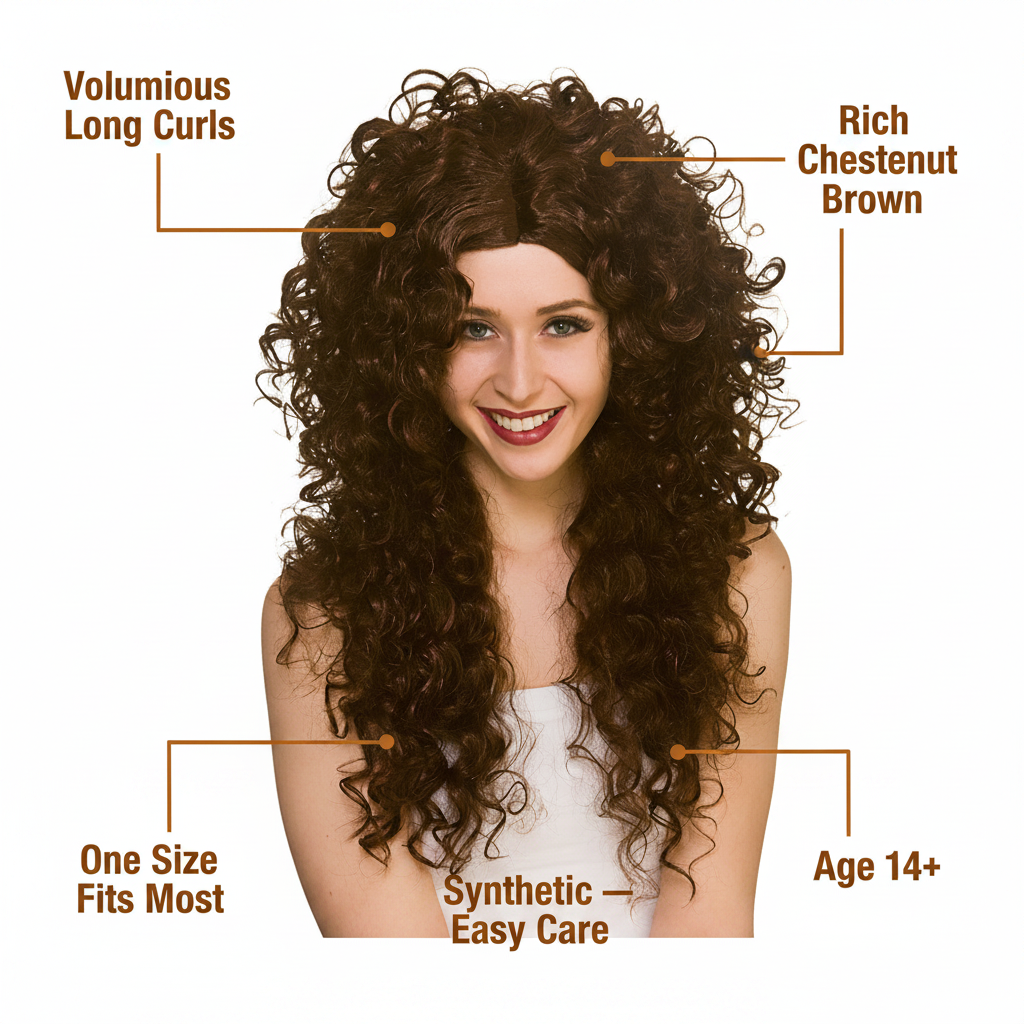Long curly brown wig product infographic with feature callouts — one size fits most, synthetic, age 14 plus