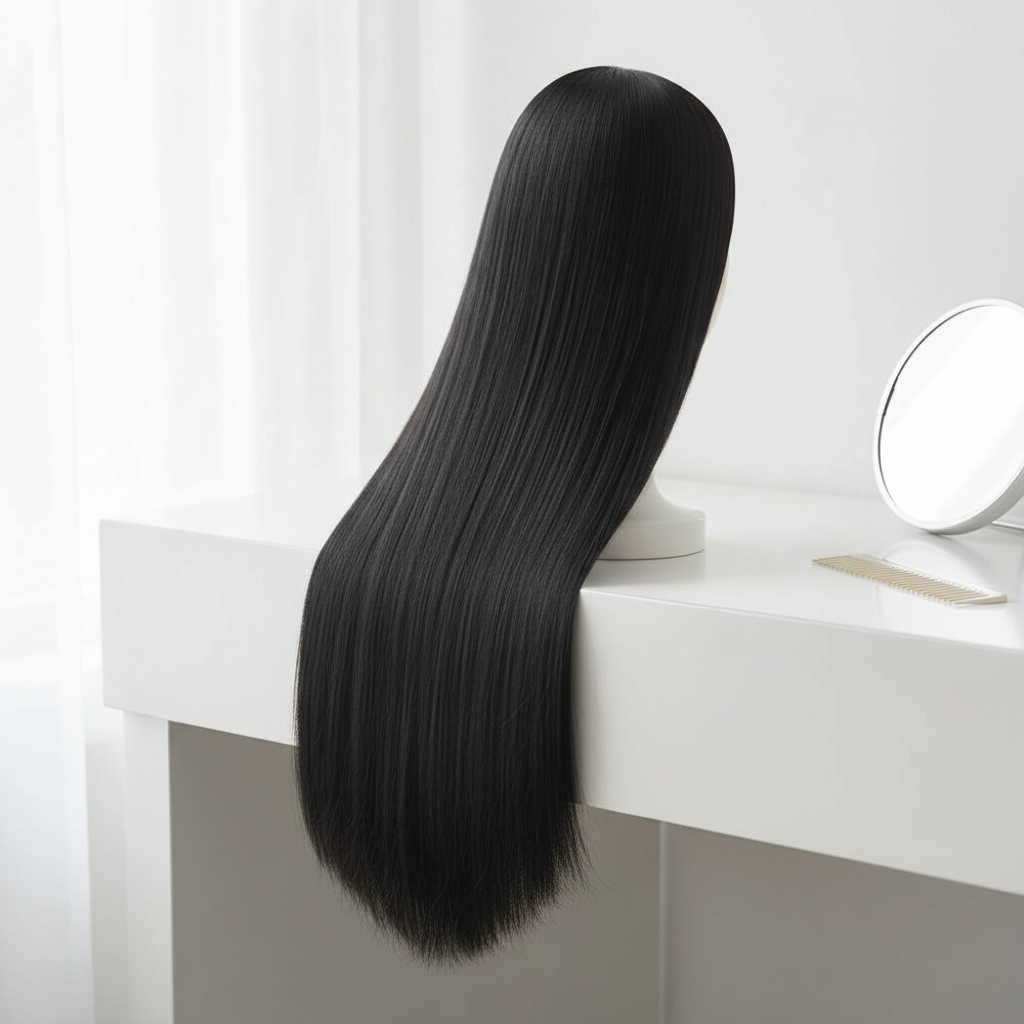 Jet black clip-in hair extension draped over minimalist white vanity with natural window light, beauty editorial style