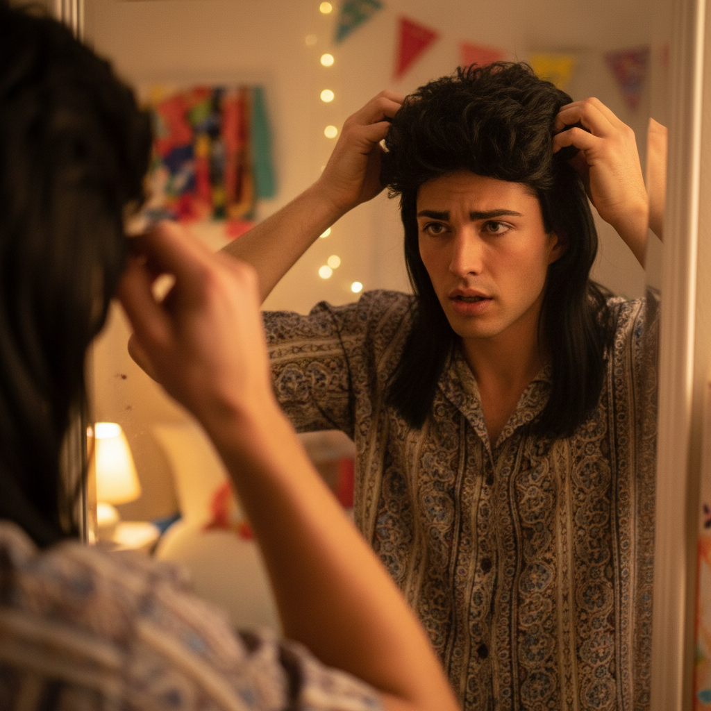 Person adjusting a jet black 1980s mullet wig in front of a mirror getting ready for a fancy dress party, candid moment with bokeh background