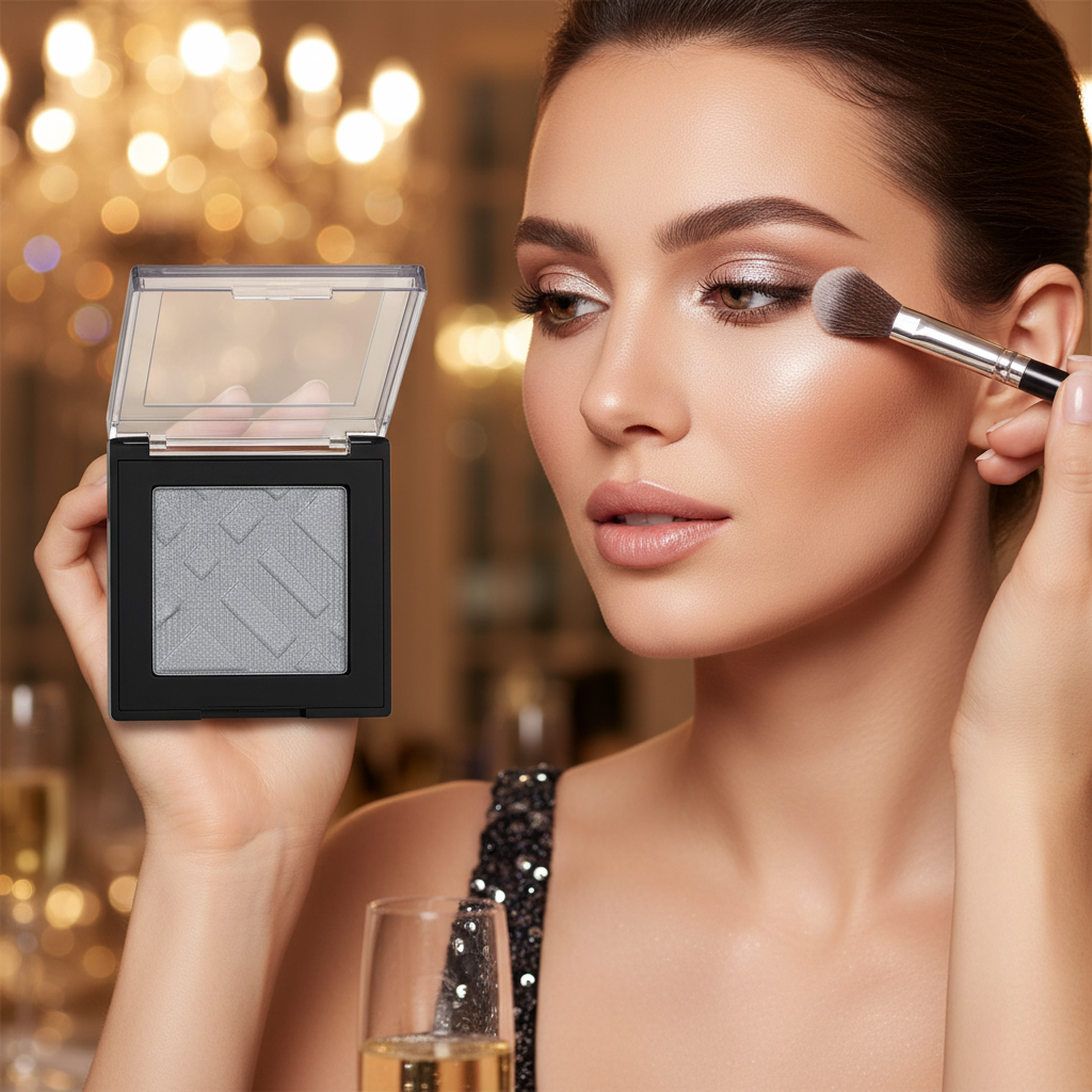 Woman applying Lilyz Eyeshadow Mono Misty Silver for an elegant evening look