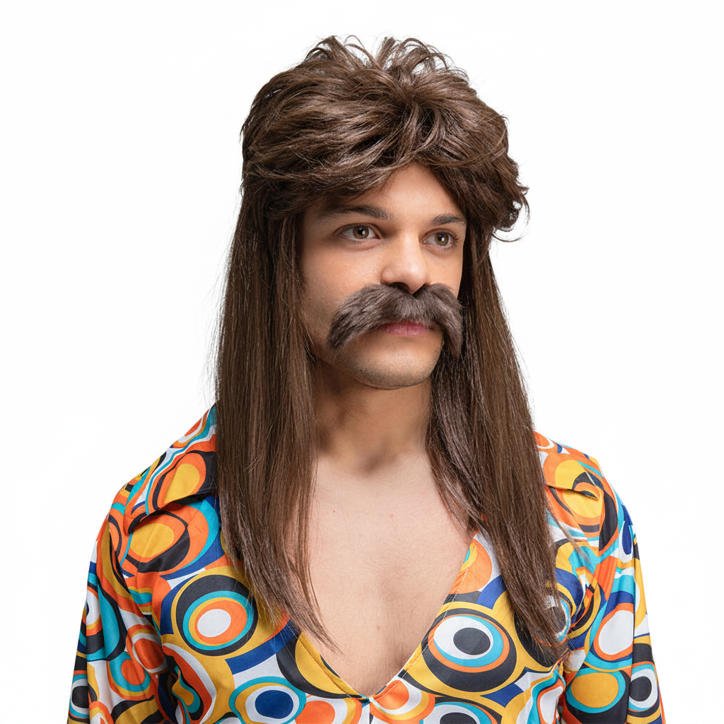 70s Guy Brown Wig and Moustache Set on pure white background, studio hero shot