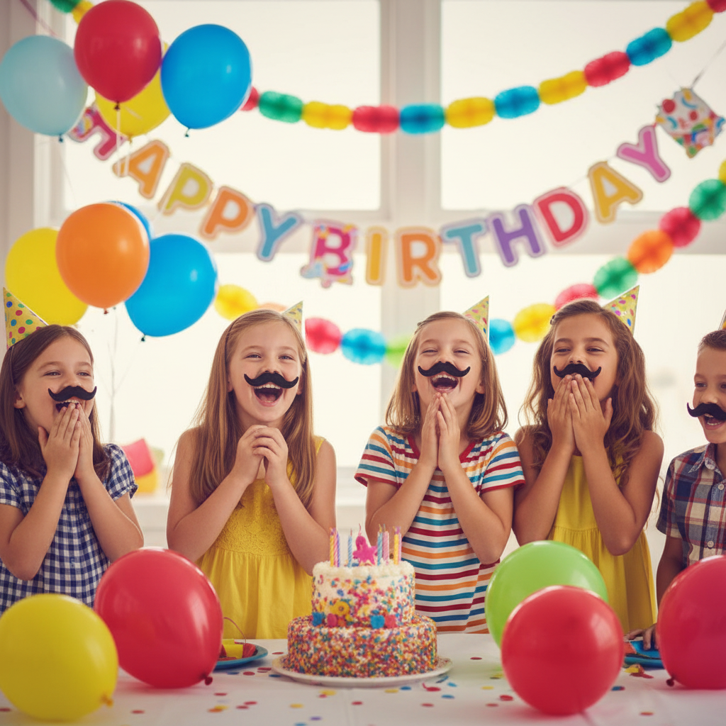 Children wearing black self-adhesive moustaches at a birthday party - Why Not Shop