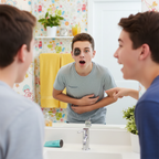 Teenage boy shocked seeing black eye ring from joke viewer prank toy in mirror