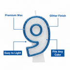 Premium feature infographic of blue glitter number 9 birthday candle with callout labels: Glitter Finish, Premium Wax, Easy to Light, Fits Any Cake