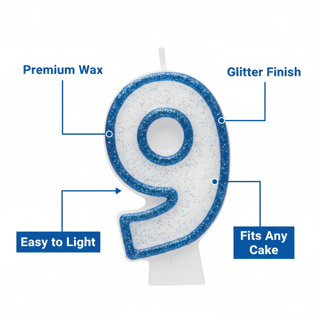 Premium feature infographic of blue glitter number 9 birthday candle with callout labels: Glitter Finish, Premium Wax, Easy to Light, Fits Any Cake