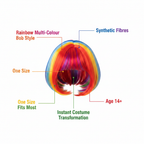 Diva multi colour bob wig product infographic showing key features — one size fits most, synthetic, age 14 plus