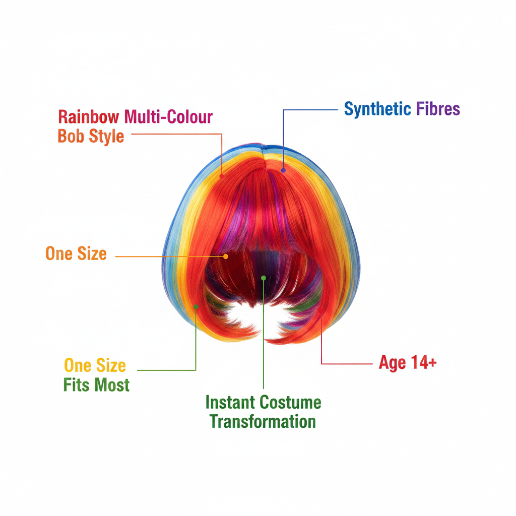 Diva multi colour bob wig product infographic showing key features — one size fits most, synthetic, age 14 plus