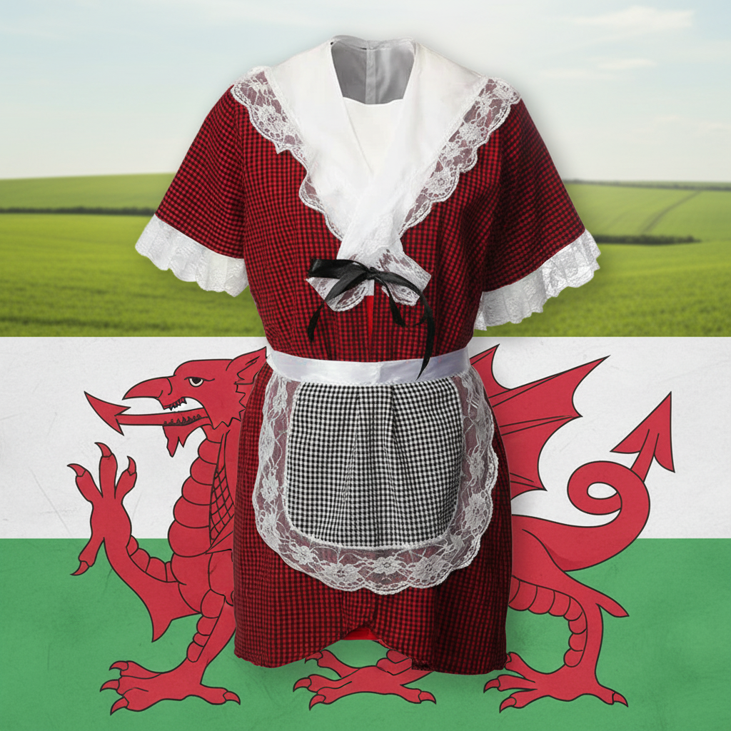Traditional Welsh child costume in red checked fabric with white lace trim, apron and black ribbon for ages 3-4 years