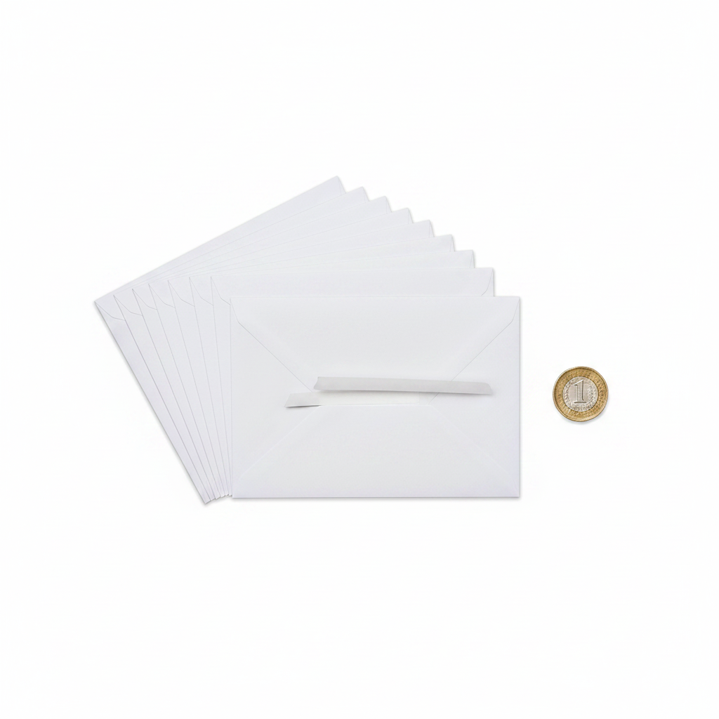 C6 white peel and seal envelopes fanned out beside a £1 coin to show 114x162mm size, flat lay on white background