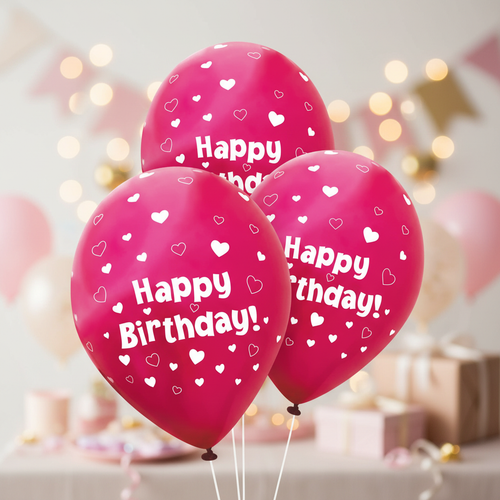 11 inch fuchsia pink latex balloons with heart pattern for birthday parties, pack of 6 premium quality balloons