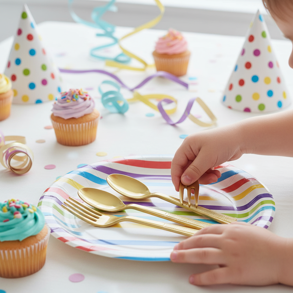 Child reaching for gold plastic spoon at a colourful kids birthday party with cupcakes and party hats