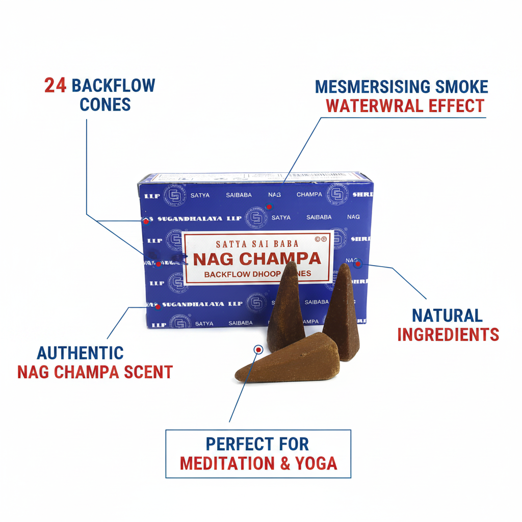 Satya Nag Champa Backflow Cones feature infographic showing 24 cones, authentic scent, smoke waterfall effect, natural ingredients and meditation use