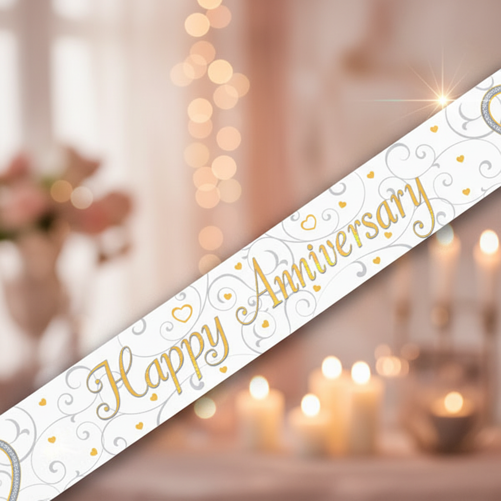 9ft Happy Anniversary banner with linked hearts design on elegant rose gold background