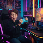 Boy on gaming chair squeezing a blue Stretch and Squeeze Game Controller Gel Toy with a grin in a neon-lit gaming bedroom