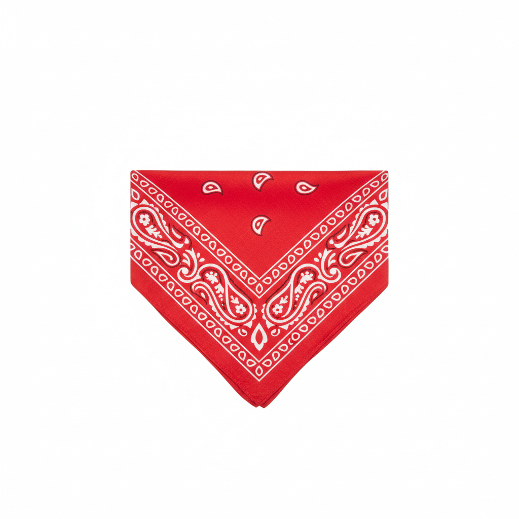 Red and white paisley cowboy bandana folded on pure white background, studio hero shot