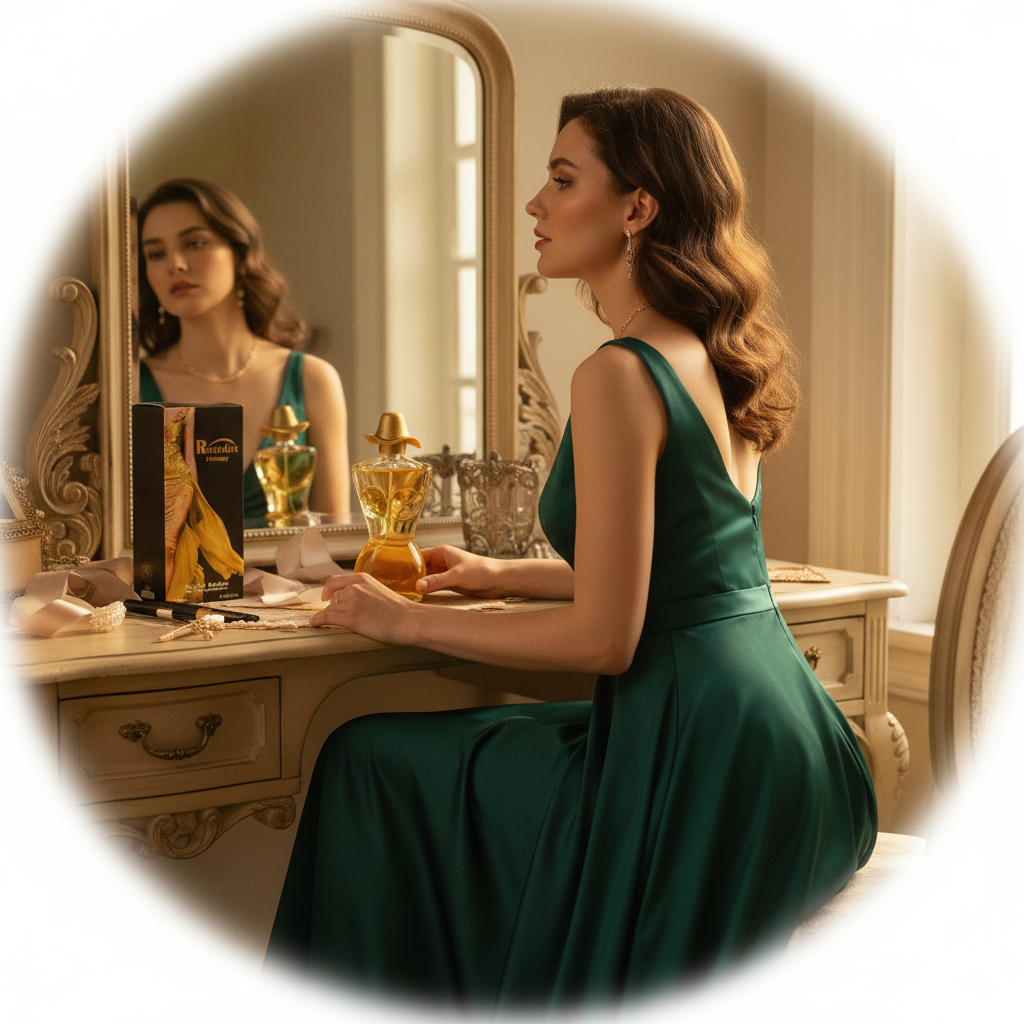 Elegant woman getting ready for evening, Revitalise Fantasy EDP gold bottle glowing in golden hour light