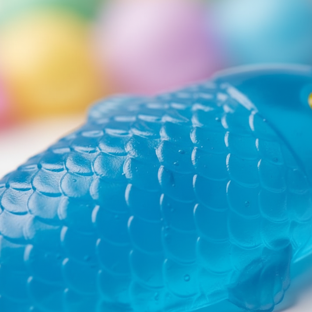 Extreme macro close-up of blue squishy fish toy showing detailed translucent gel scales and texture