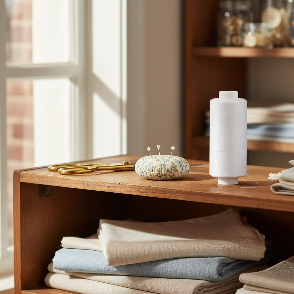 White cotton sewing thread reel in a styled sewing nook with scissors, pincushion and fabric — natural window light